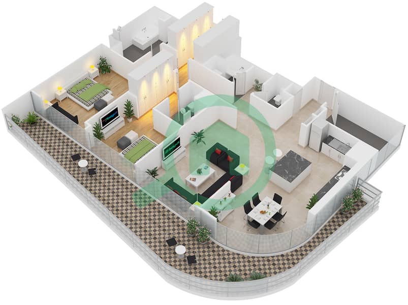 المخططات الطابقية لتصميم الوحدة 4 FLOOR 43 شقة 2 غرفة نوم - آر بي هايتس interactive3D