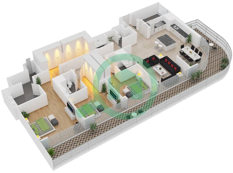 Арпи Хайтс - Апартамент 3 Cпальни планировка Единица измерения 2 FLOOR 44-46 interactive3D