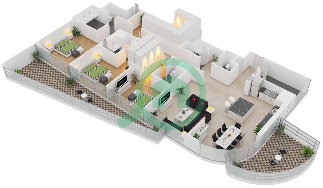 المخططات الطابقية لتصميم الوحدة 5 FLOOR 25-42 شقة 3 غرف نوم - آر بي هايتس interactive3D