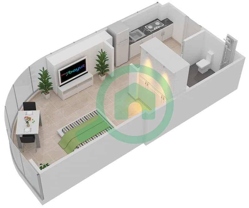 المخططات الطابقية لتصميم الوحدة 10 FLOOR 7 شقة استوديو - آر بي هايتس interactive3D