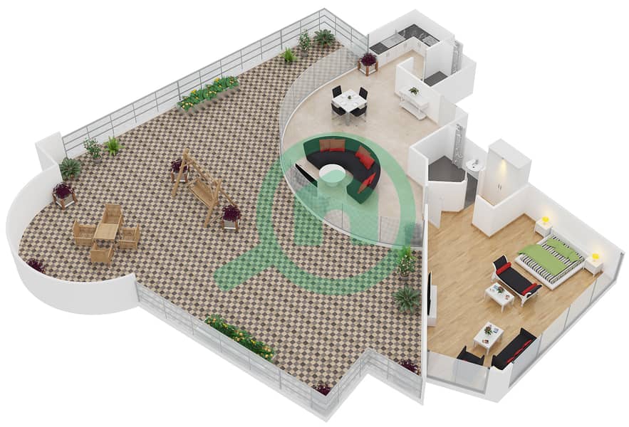المخططات الطابقية لتصميم النموذج C1B شقة 1 غرفة نوم - دوكس ذا بالم interactive3D