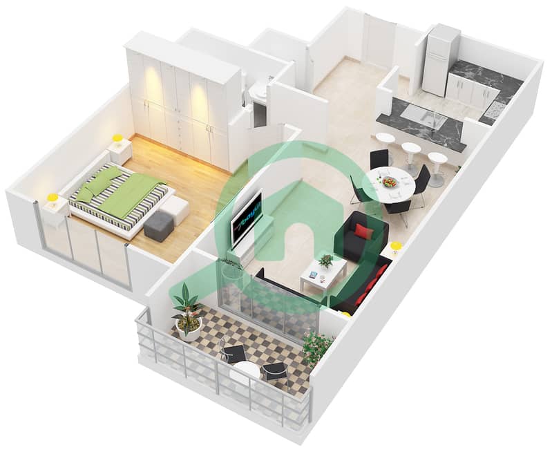 大道中央2号大厦 - 1 卧室公寓套房5 FLOOR 3-17戶型图 interactive3D