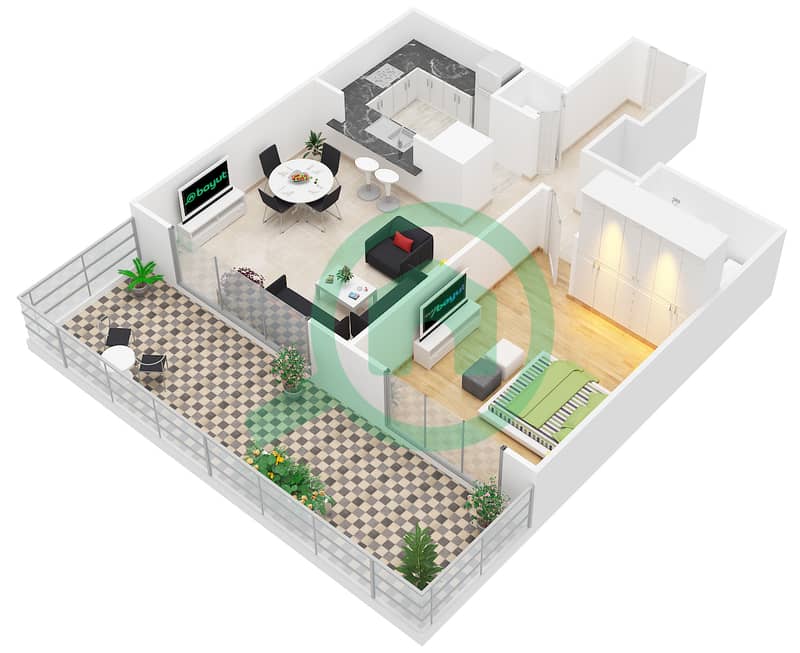 大道中央2号大厦 - 1 卧室公寓套房9 FLOOR 18戶型图 interactive3D