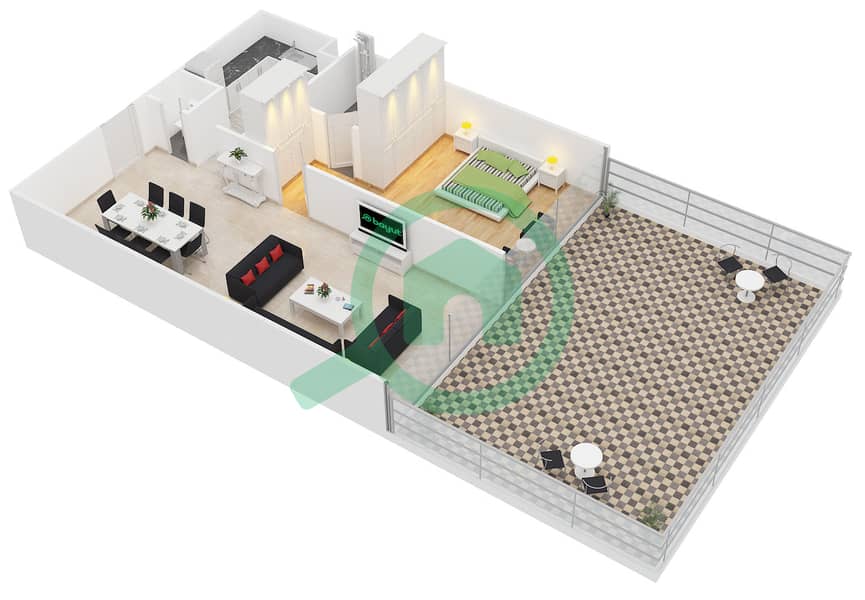 المخططات الطابقية لتصميم النموذج A/TYPICAL APARTMENT شقة 1 غرفة نوم - أزور ريزيدنسز interactive3D