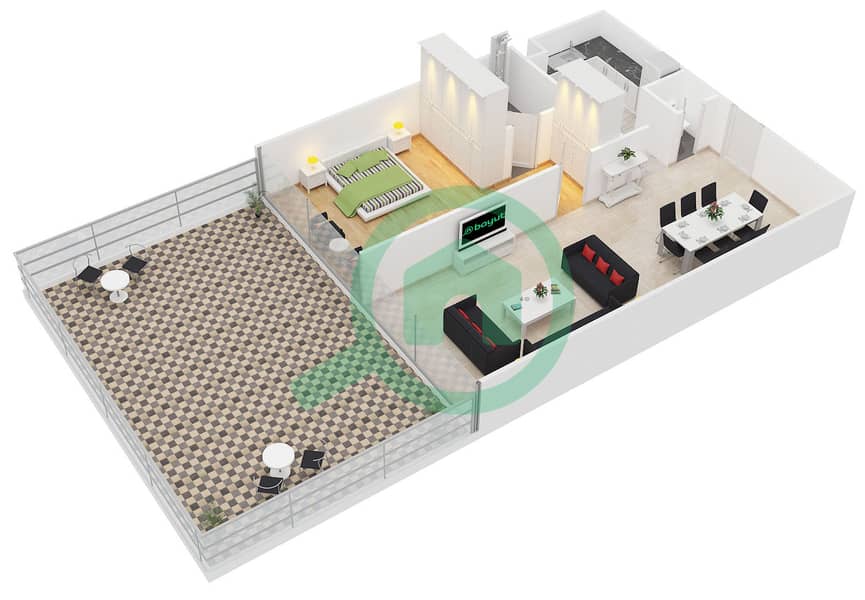 المخططات الطابقية لتصميم النموذج B/TYPICAL APARTMENT شقة 1 غرفة نوم - أزور ريزيدنسز interactive3D