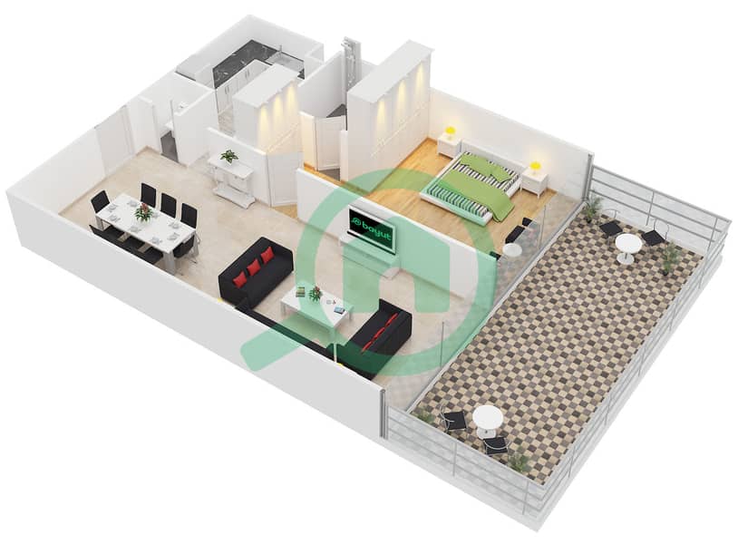 المخططات الطابقية لتصميم النموذج C/TYPICAL APARTMENT شقة 1 غرفة نوم - أزور ريزيدنسز interactive3D