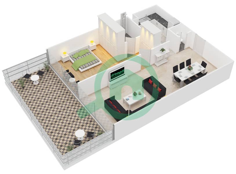 المخططات الطابقية لتصميم النموذج D/TYPICAL APARTMENT شقة 1 غرفة نوم - أزور ريزيدنسز interactive3D