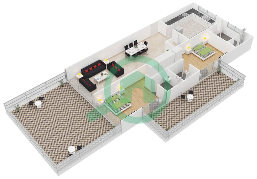 المخططات الطابقية لتصميم النموذج A/CORNER APARTMENT شقة 2 غرفة نوم - أزور ريزيدنسز interactive3D