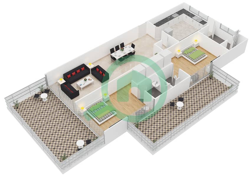 المخططات الطابقية لتصميم النموذج C/CORNER APARTMENT شقة 2 غرفة نوم - أزور ريزيدنسز interactive3D
