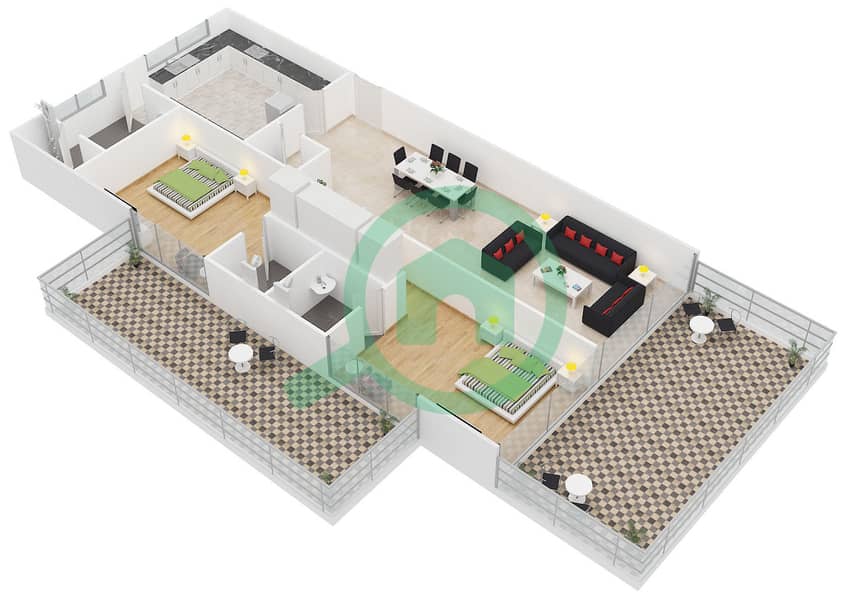 Azure Residences - 2 Bedroom Apartment Type D/CORNER APARTMENT Floor plan interactive3D