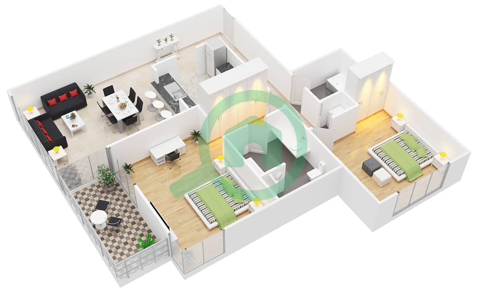 المخططات الطابقية لتصميم النموذج 1 FLOOR 2-20 شقة 2 غرفة نوم - بوليفارد سنترال 2 interactive3D