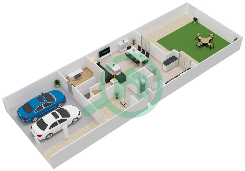 المخططات الطابقية لتصميم النموذج / الوحدة 3 MIDDLE UNIT تاون هاوس 3 غرف نوم - ألما 1 Ground Floor interactive3D