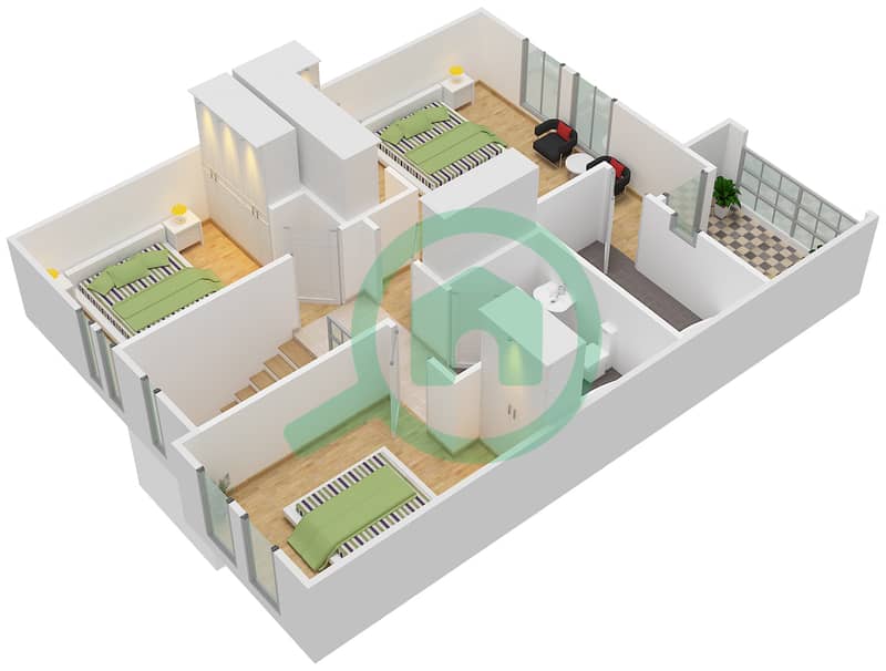 المخططات الطابقية لتصميم النموذج / الوحدة 3 MIDDLE UNIT تاون هاوس 3 غرف نوم - ألما 1 First Floor interactive3D