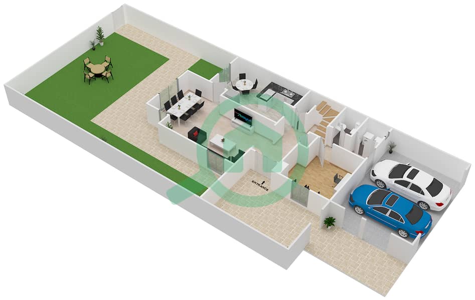 المخططات الطابقية لتصميم النموذج 3 END UNIT تاون هاوس 3 غرف نوم - ألما 1 Ground Floor interactive3D