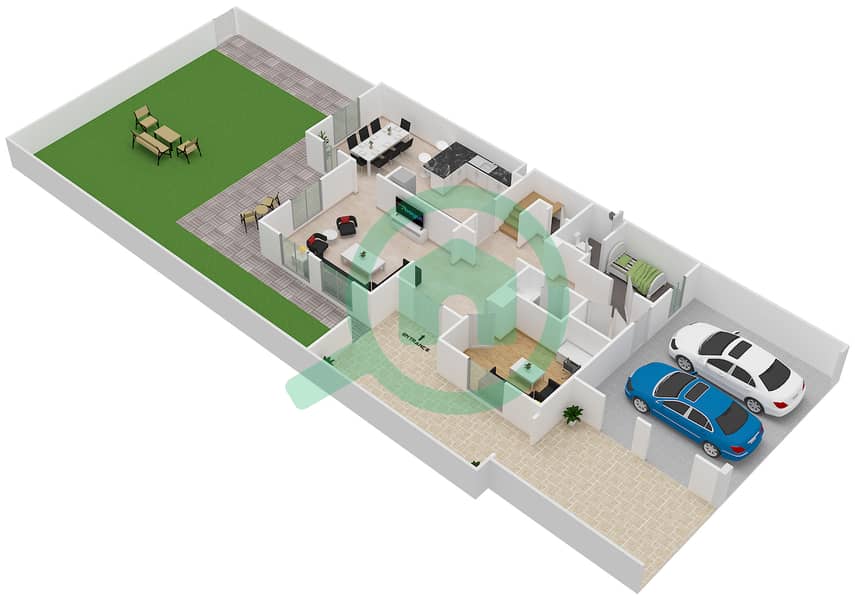 المخططات الطابقية لتصميم النموذج / الوحدة 1 END UNIT تاون هاوس 3 غرف نوم - ألما 1 Ground Floor interactive3D