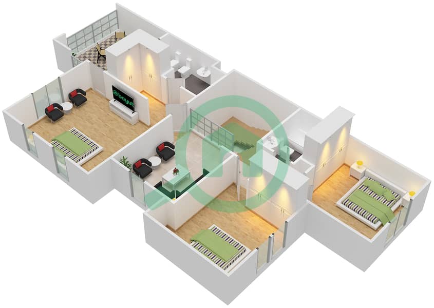 المخططات الطابقية لتصميم النموذج / الوحدة 1 END UNIT تاون هاوس 3 غرف نوم - ألما 1 First Floor interactive3D