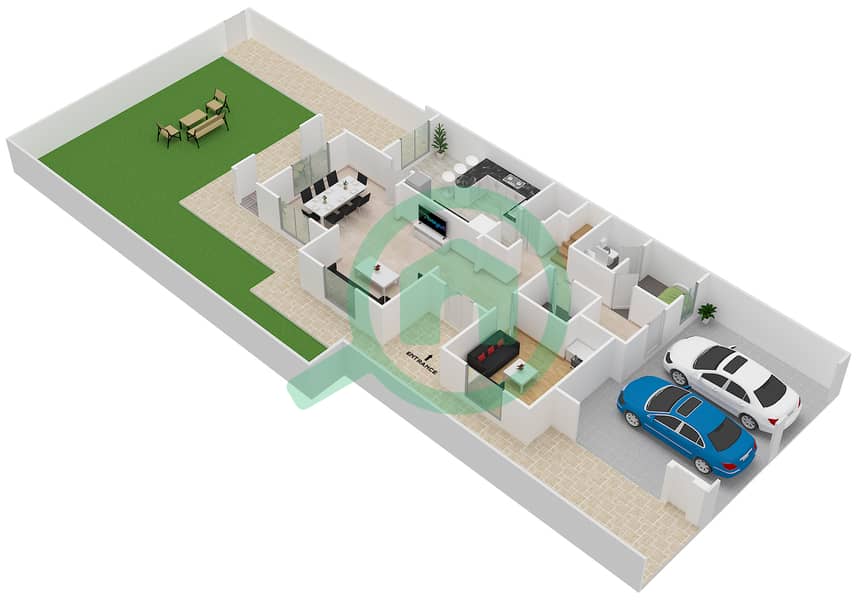 المخططات الطابقية لتصميم النموذج / الوحدة 2 END UNIT تاون هاوس 3 غرف نوم - ألما 1 Ground Floor interactive3D