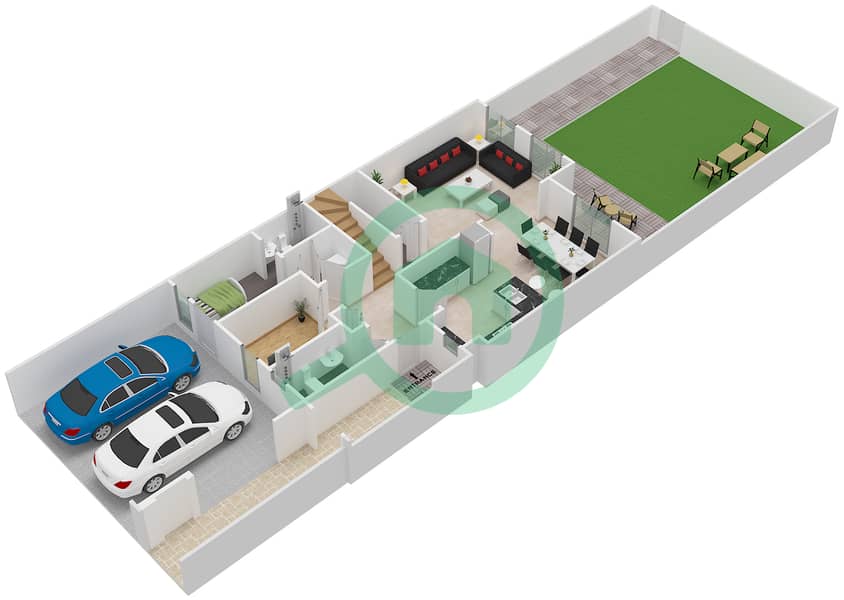 المخططات الطابقية لتصميم النموذج / الوحدة 2 MIDDLE UNIT فیلا 3 غرف نوم - ألما 2 Ground Floor interactive3D