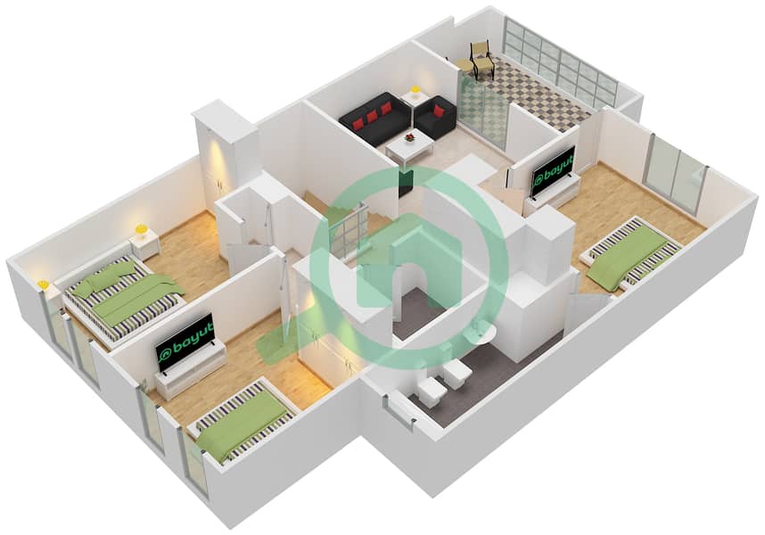 المخططات الطابقية لتصميم النموذج / الوحدة 2 MIDDLE UNIT فیلا 3 غرف نوم - ألما 2 First Floor interactive3D