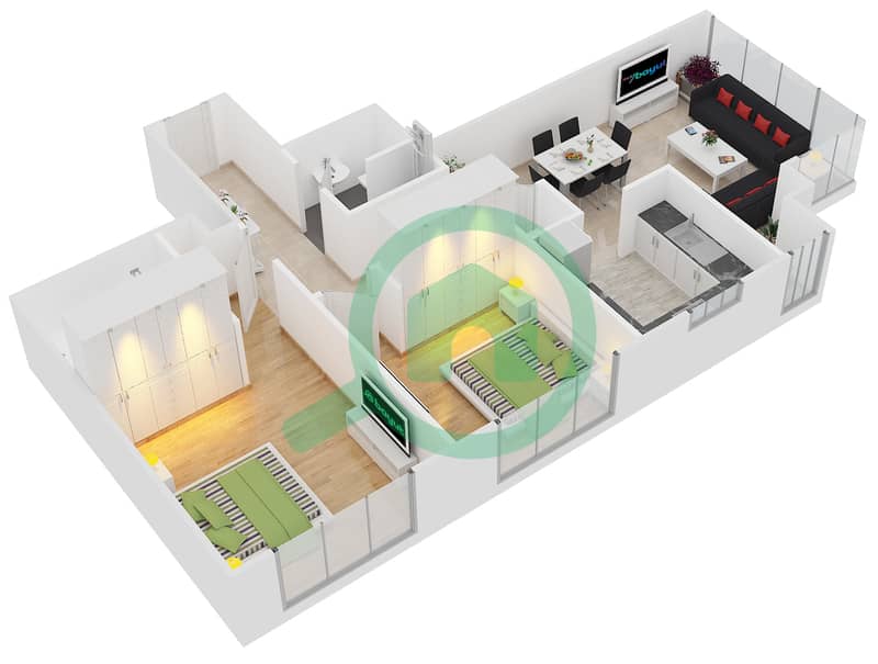 المخططات الطابقية لتصميم التصميم 8 FLOOR 19-20 شقة 2 غرفة نوم - بوليفارد سنترال 2 interactive3D