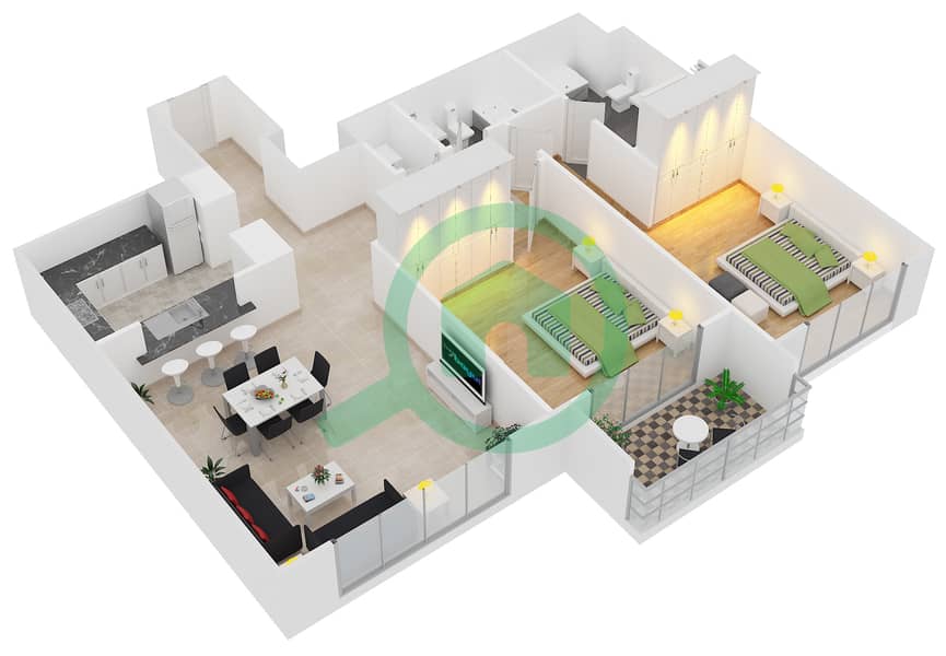 大道中央2号大厦 - 2 卧室公寓套房9 FLOOR 3-17戶型图 interactive3D