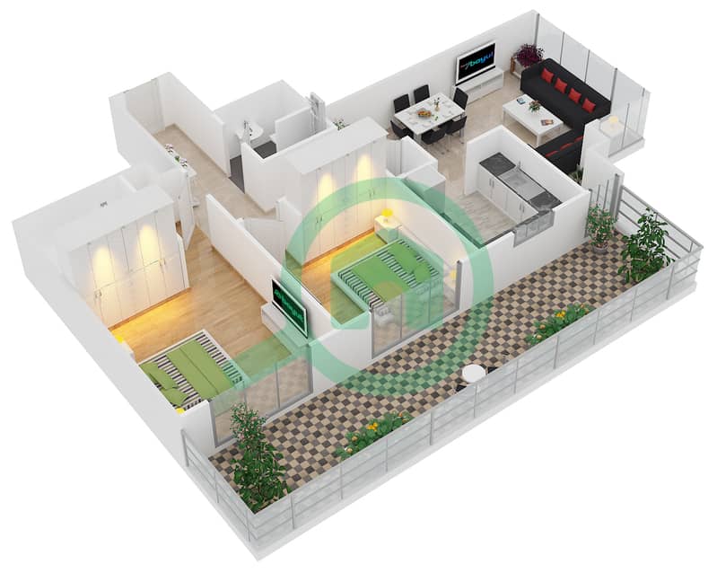 المخططات الطابقية لتصميم التصميم 8 FLOOR 18 شقة 2 غرفة نوم - بوليفارد سنترال 2 interactive3D