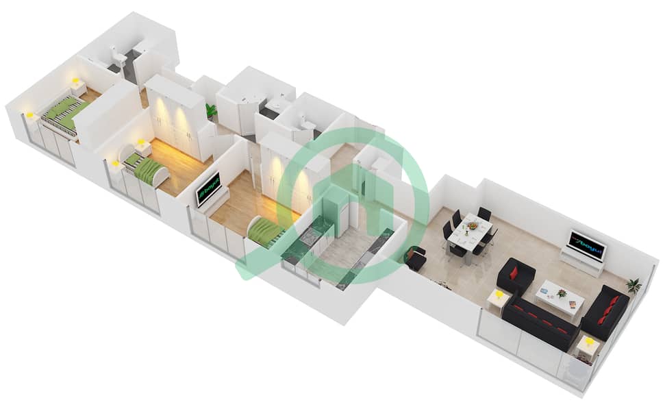 المخططات الطابقية لتصميم التصميم 2 FLOOR 22 شقة 3 غرف نوم - بوليفارد سنترال 2 interactive3D