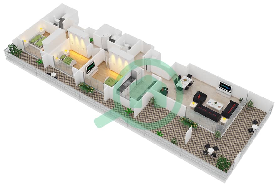 المخططات الطابقية لتصميم التصميم 2 FLOOR 21 شقة 3 غرف نوم - بوليفارد سنترال 2 interactive3D