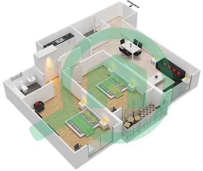 财富公寓 - 2 卧室公寓类型／单位D/7,14戶型图