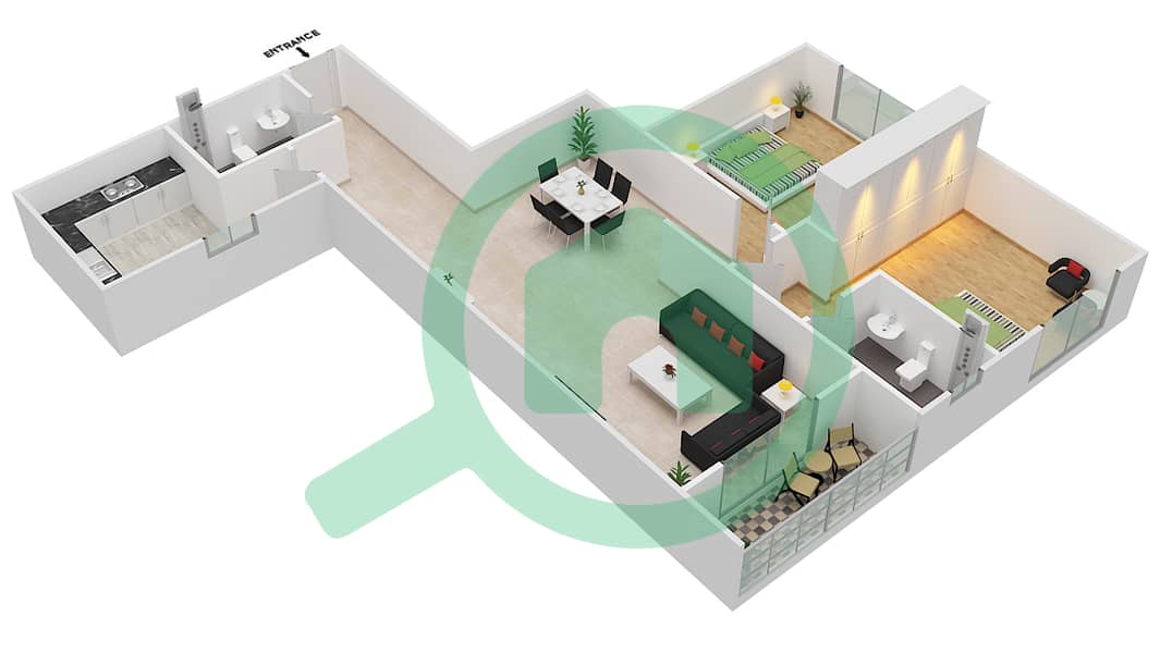 المخططات الطابقية لتصميم النموذج / الوحدة A/2,5,9,12 شقة 2 غرفة نوم - مساكن فورتشن interactive3D