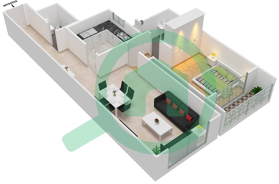 المخططات الطابقية لتصميم النموذج / الوحدة B/3,4,10,11 شقة 1 غرفة نوم - مساكن فورتشن interactive3D