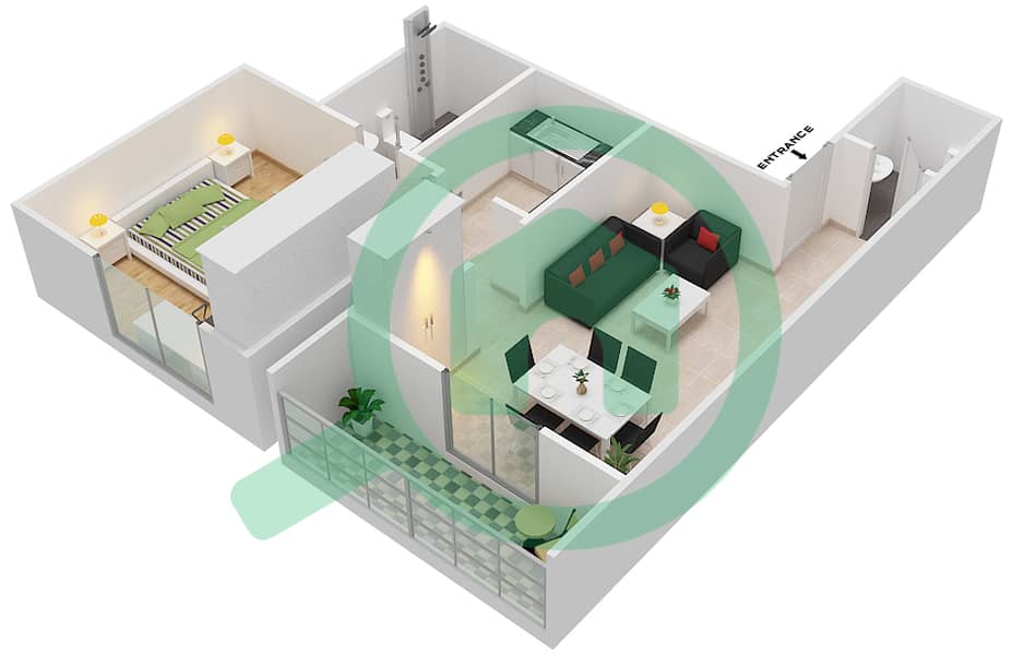 المخططات الطابقية لتصميم النموذج / الوحدة C/1,6,8,13 شقة 1 غرفة نوم - مساكن فورتشن interactive3D