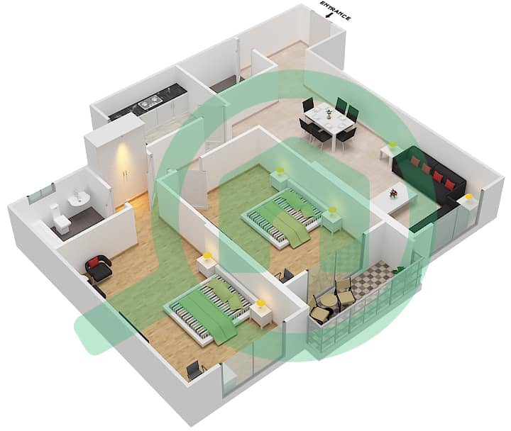 المخططات الطابقية لتصميم النموذج / الوحدة D/7,14 شقة 2 غرفة نوم - مساكن فورتشن interactive3D