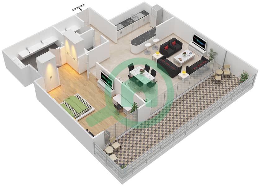 大西洋公寓 - 1 卧室公寓类型F戶型图 interactive3D