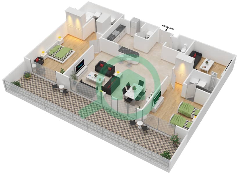 大西洋公寓 - 2 卧室公寓类型J戶型图 interactive3D