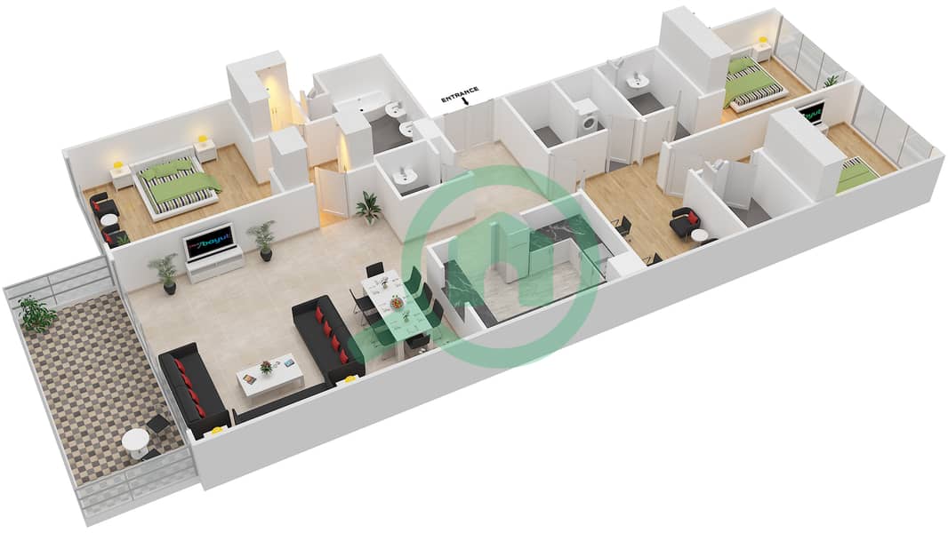 Осеана Атлантик - Апартамент 3 Cпальни планировка Единица измерения B interactive3D