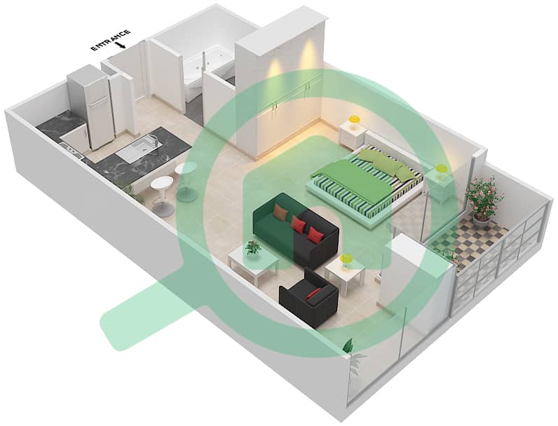 المخططات الطابقية لتصميم النموذج SB شقة استوديو - برج سكون interactive3D
