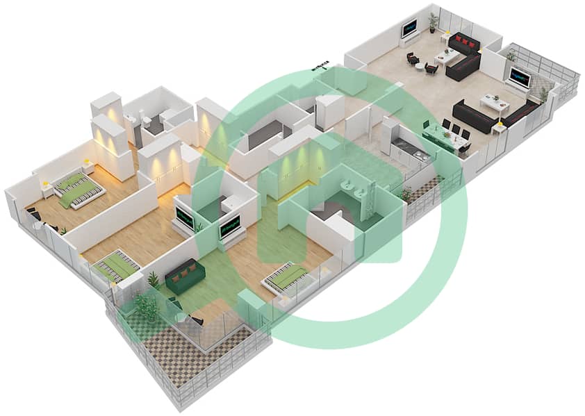 المخططات الطابقية لتصميم النموذج A بنتهاوس 3 غرف نوم - برج سكون interactive3D