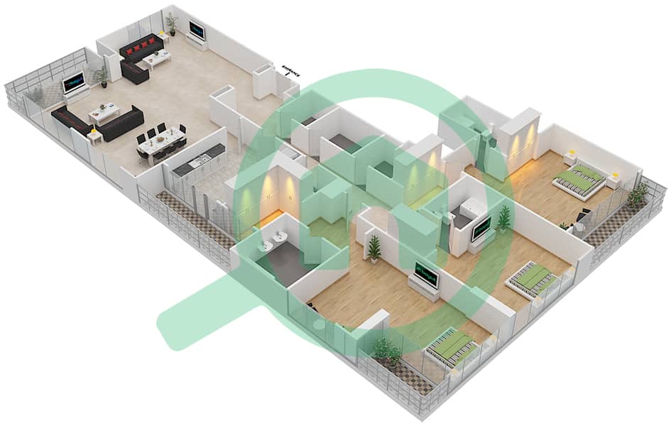 المخططات الطابقية لتصميم النموذج B بنتهاوس 3 غرف نوم - برج سكون interactive3D