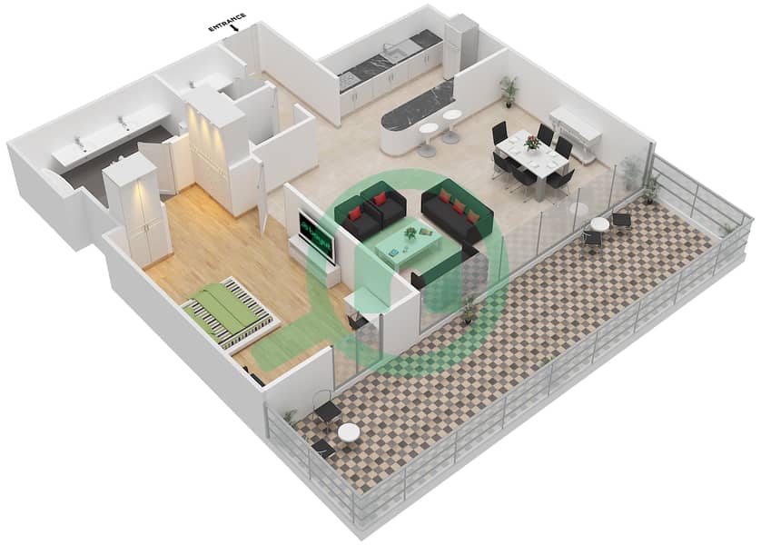 波罗的海公寓 - 1 卧室公寓类型F戶型图 interactive3D