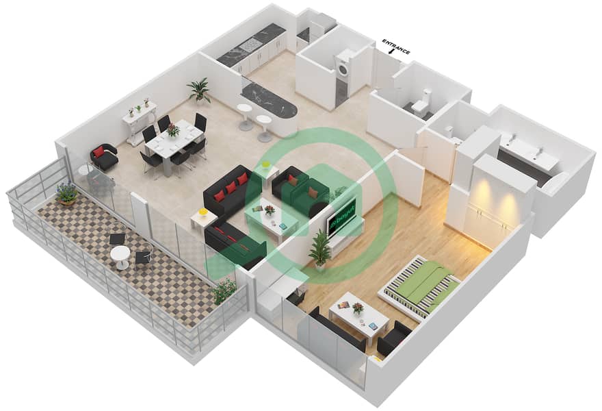 المخططات الطابقية لتصميم الوحدة D شقة 1 غرفة نوم - أوشيانا البلطيق interactive3D