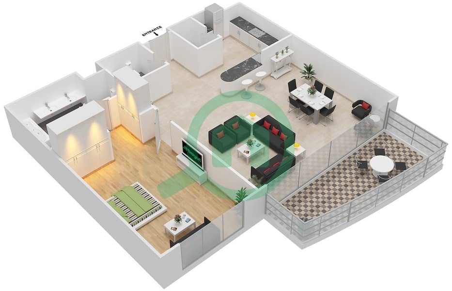 Осеана Кариббеан - Апартамент 1 Спальня планировка Тип D interactive3D