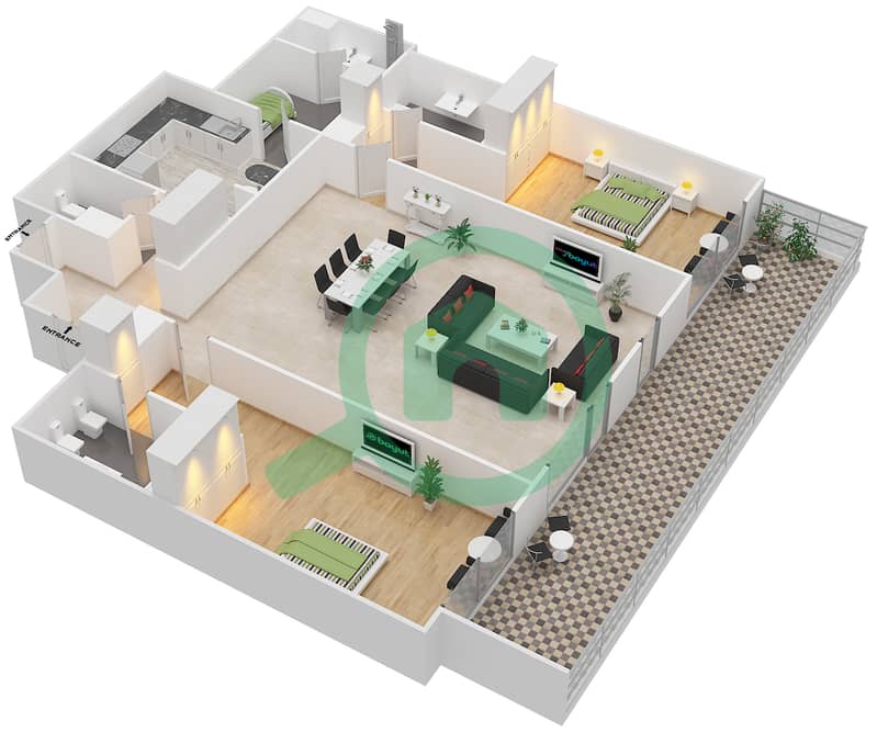 المخططات الطابقية لتصميم النموذج M شقة 2 غرفة نوم - أوشيانا باسيفيك interactive3D