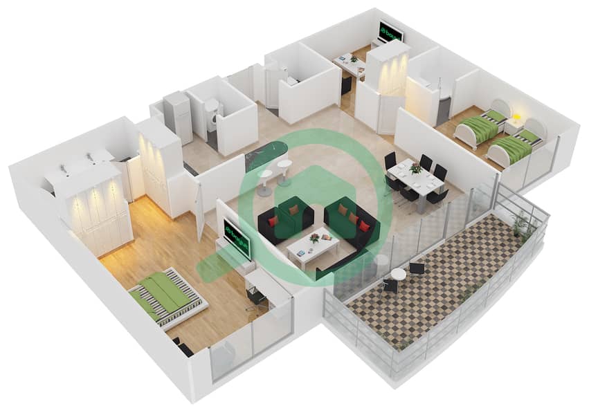 亚得里亚海公寓 - 2 卧室公寓类型C戶型图 interactive3D