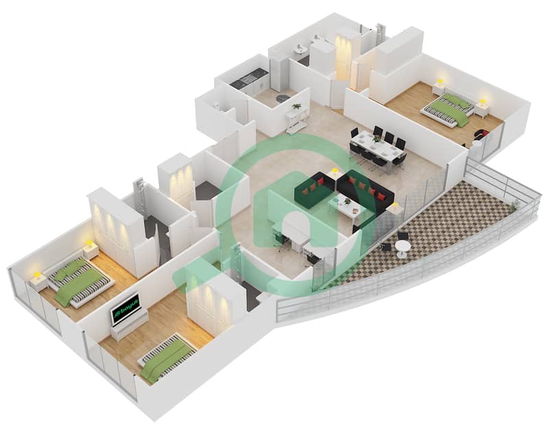 المخططات الطابقية لتصميم النموذج A شقة 3 غرف نوم - أوشيانا أدرياتيك interactive3D