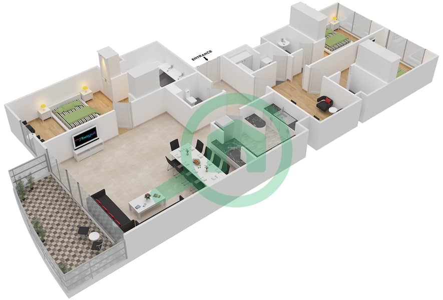 亚得里亚海公寓 - 3 卧室公寓类型B戶型图 interactive3D