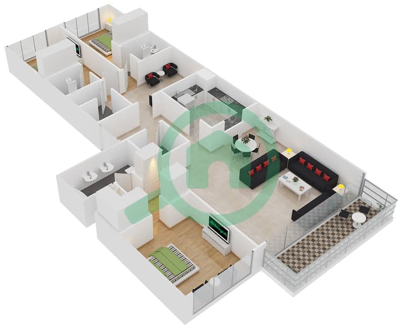 爱琴海公寓 - 3 卧室公寓单位B戶型图 interactive3D