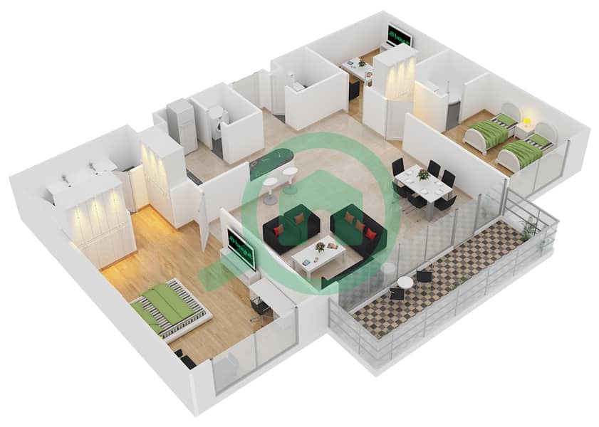 المخططات الطابقية لتصميم الوحدة C شقة 2 غرفة نوم - أوشيانا أجيان interactive3D