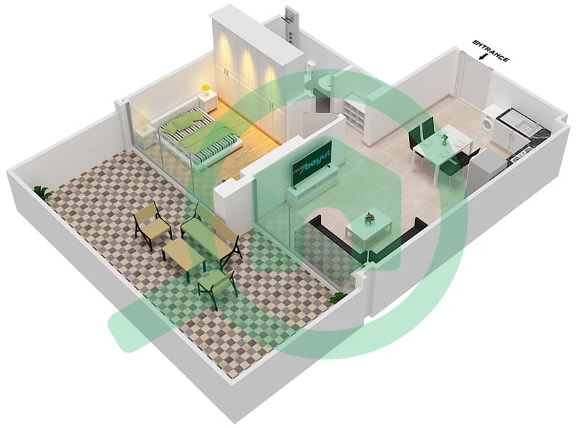 المخططات الطابقية لتصميم النموذج 2A شقة 1 غرفة نوم - عزيزي ريفييرا 8 interactive3D