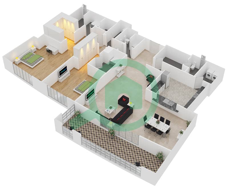 Dream Palm Residence - 2 Bedroom Apartment Type 1 Floor plan interactive3D
